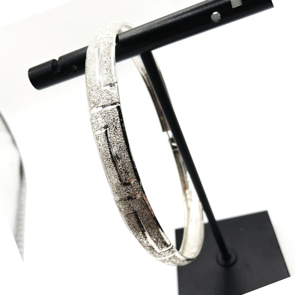 FAS 925 Sterling Silver Sandblast Textured Greek Key Hinged Bangle Bracelet